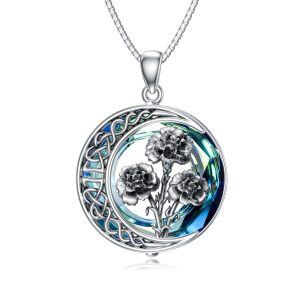 Sterling Silver Oxidized Carnation Pendant Necklace with Blue Crystal Circle-0