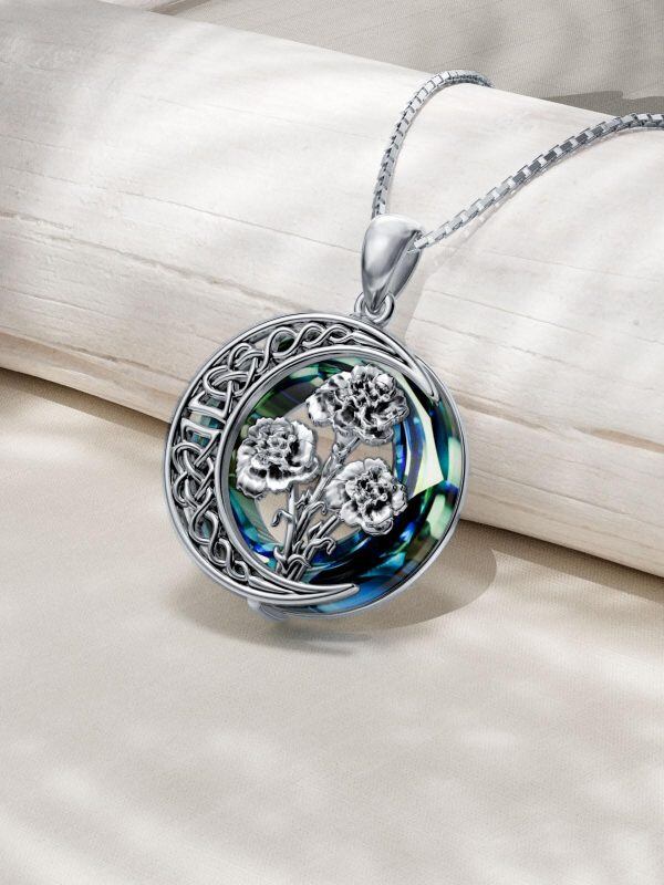 Sterling Silver Oxidized Carnation Pendant Necklace with Blue Crystal Circle-3