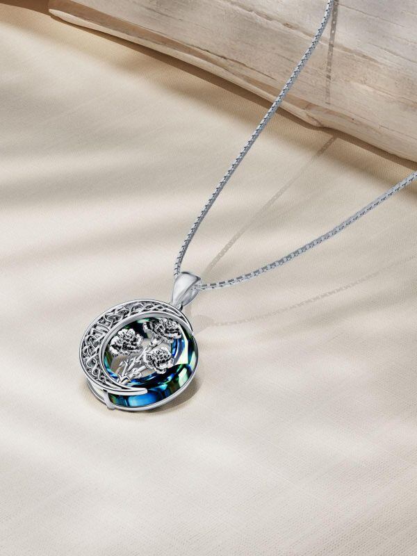 Sterling Silver Oxidized Carnation Pendant Necklace with Blue Crystal Circle-4