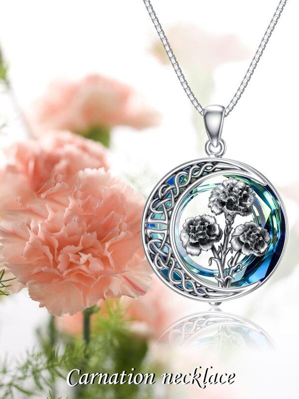 Sterling Silver Oxidized Carnation Pendant Necklace with Blue Crystal Circle-5