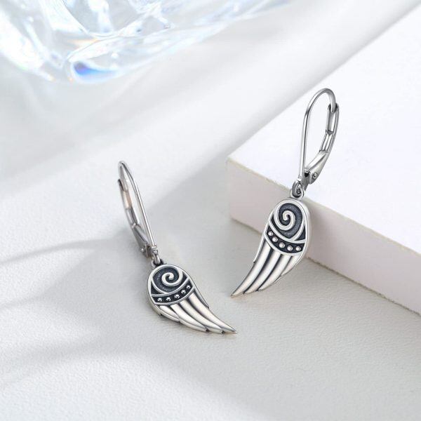 Sterling Silver Oxidized Angel Wing Dangle Earrings-4