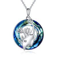 wholesale 925 Sterling Silver Blue Crystal Round Pendant Necklaces with Deer Head Design - Gifts for Women- Rhodium Plated