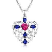 wholesale 925 Sterling Silver Blue Sapphire & Pink Crystal Heart Angel Wings Pendant Necklace - Mothers Day Gifts for Her- Rhodium Plated