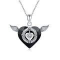 wholesale 925 Sterling Silver Angel Wings Black Heart Crystal Compass Pendant Necklace Gifts for Her-0-0