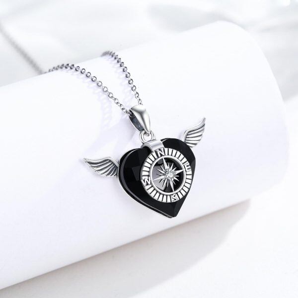 Sterling Silver Angel Wing Compass Pendant Necklace-4