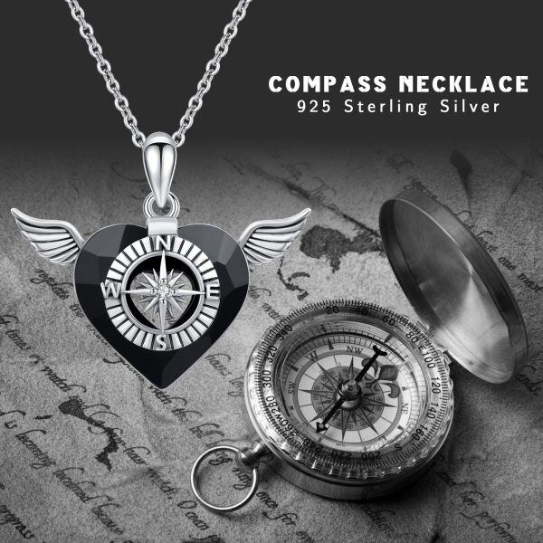 Sterling Silver Angel Wing Compass Pendant Necklace-5