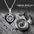 wholesale 925 Sterling Silver Angel Wings Black Heart Crystal Compass Pendant Necklace Gifts for Her-0-5