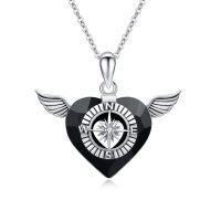 wholesale 925 Sterling Silver Angel Wings Black Heart Crystal Compass Pendant Necklace Gifts for Her- Rhodium Plated
