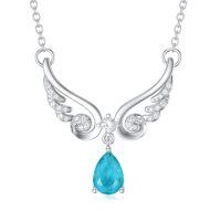 wholesale 925 Sterling Silver Teardrop Blue Crystal Winged Pendant Necklace for Women Mother's Day Gift- Rhodium Plated