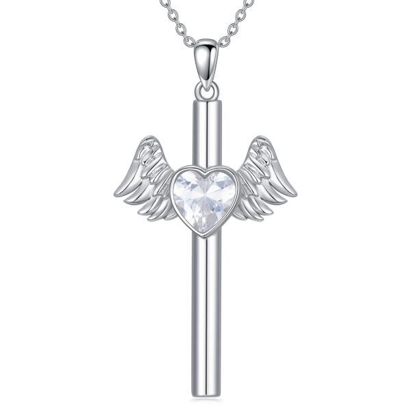 Sterling Silver Angel Wing Cross Pendant Necklace with Heart CZ-0