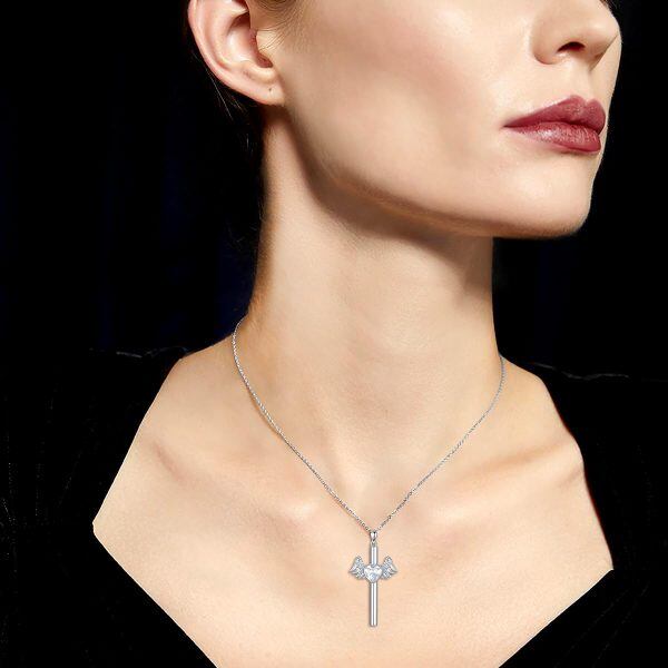 Sterling Silver Angel Wing Cross Pendant Necklace with Heart CZ-2