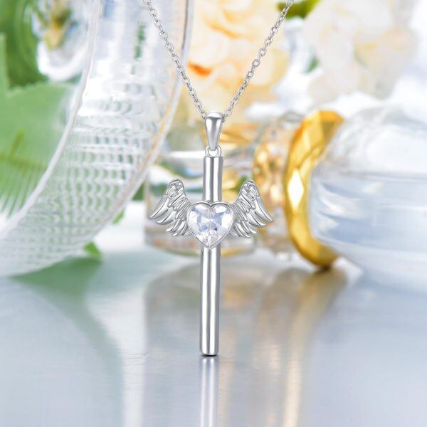 Sterling Silver Angel Wing Cross Pendant Necklace with Heart CZ-3