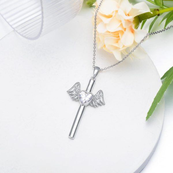 Sterling Silver Angel Wing Cross Pendant Necklace with Heart CZ-4