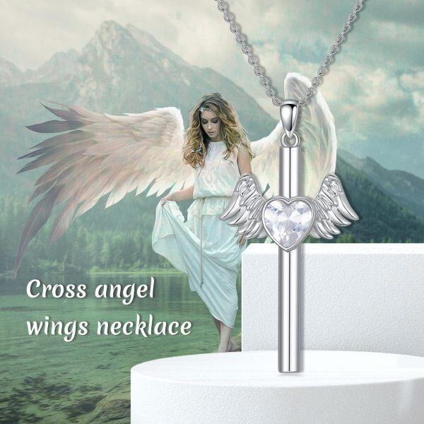 Sterling Silver Angel Wing Cross Pendant Necklace with Heart CZ-5