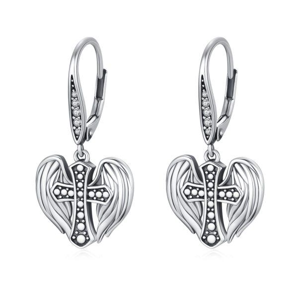 Sterling Silver Oxidized Angel Wing Cross Dangle Earrings-0