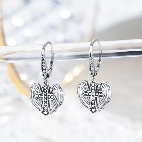 Sterling Silver Oxidized Angel Wing Cross Dangle Earrings-4