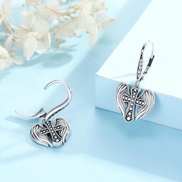 Sterling Silver Oxidized Angel Wing Cross Dangle Earrings-5