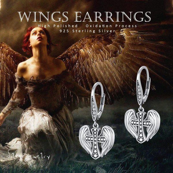 Sterling Silver Oxidized Angel Wing Cross Dangle Earrings-6