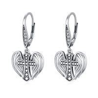 wholesale 925 Sterling Silver Cross & Wings CZ Heart Drop Earrings for Women Gift- Oxidized/Oxidised