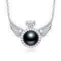 wholesale 925 Sterling Silver Angel Wing Black Pearl Pendant Necklace 10mm Freshwater Pearl  for Women-0-0