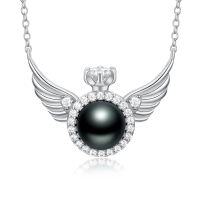 wholesale 925 Sterling Silver Angel Wing Black Pearl Pendant Necklace 10mm Freshwater Pearl for Women- Rhodium Plated