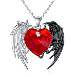 Sterling Silver Dark Angel Wings Pendant Necklace with Heart Crystal-0