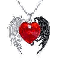wholesale 925 Sterling Silver Metal Heart with Wings and Red Crystal Pendant Necklace - Dark Angel Demon Style s for Women- Two Tone