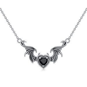 Sterling Silver Gothic Punk Angel Wing Pendant Necklace with Heart CZ-0