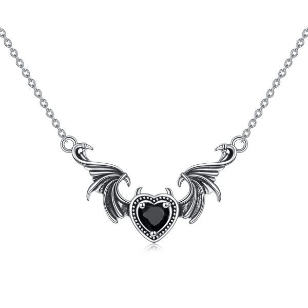 Sterling Silver Gothic Punk Angel Wing Pendant Necklace with Heart CZ-0