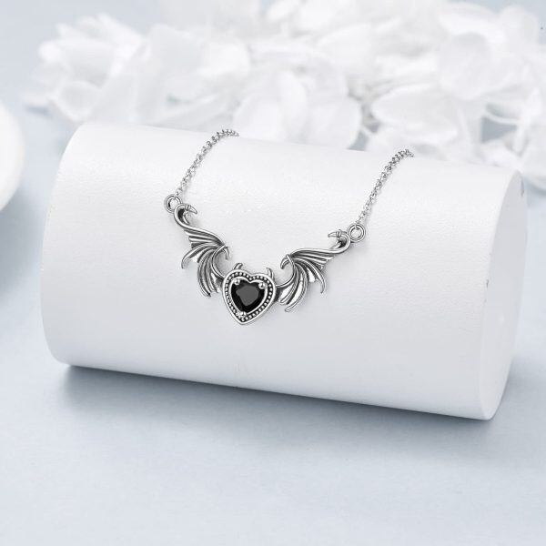 Sterling Silver Gothic Punk Angel Wing Pendant Necklace with Heart CZ-3