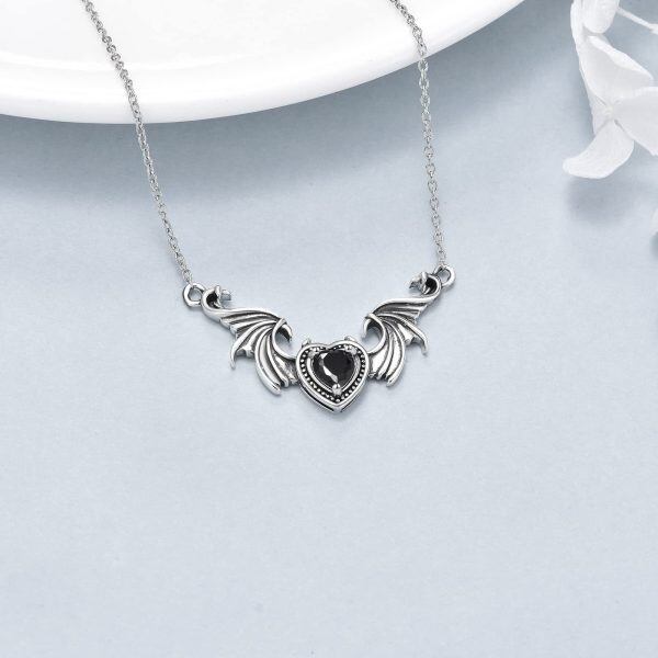 Sterling Silver Gothic Punk Angel Wing Pendant Necklace with Heart CZ-4