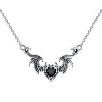 wholesale 925 Sterling Silver Winged Black Heart Pendant Necklace - Gothic Punk Style Jewelry for Women- Oxidized/Oxidised