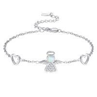 wholesale 925 Sterling Silver Angel Wing Heart Charm Bracelet for Women Girls Medium with Opal and Cubic Zirconia Stones- Rhodium Plated