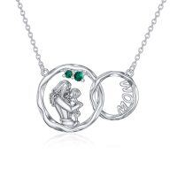 wholesale 925 Sterling Silver Mom and Child Infinity Loop Green Stone Heart Pendant Necklace- Rhodium Plated
