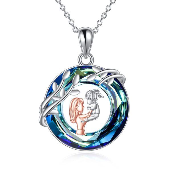 Sterling Silver Mother Daughter Pendant Necklace with Blue Crystal Circle-0