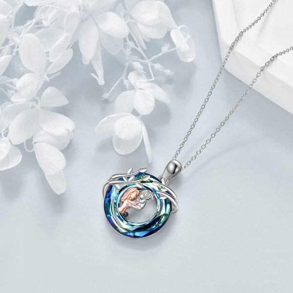 Sterling Silver Mother Daughter Pendant Necklace with Blue Crystal Circle-3