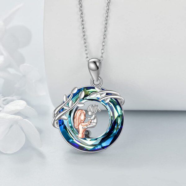 Sterling Silver Mother Daughter Pendant Necklace with Blue Crystal Circle-4