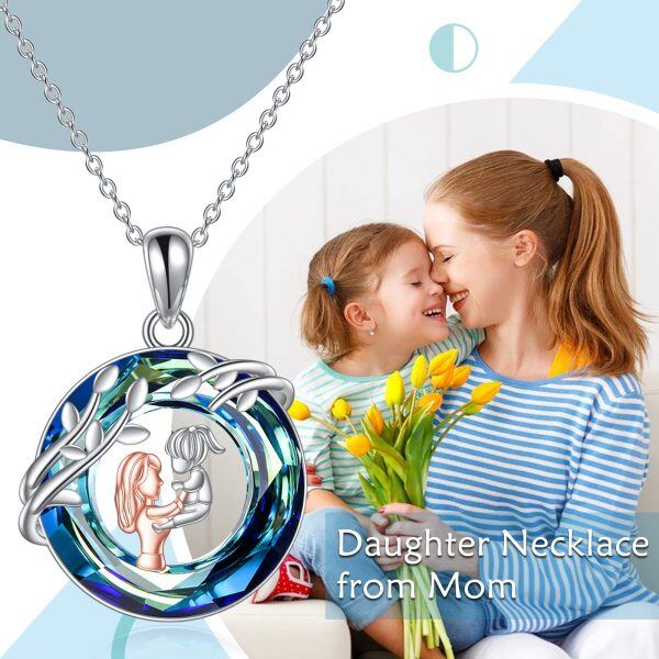 Sterling Silver Mother Daughter Pendant Necklace with Blue Crystal Circle-5