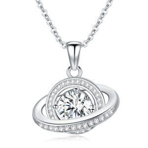 Sterling Silver Spinning Moissanite Saturn Planet Pendant Necklace-0