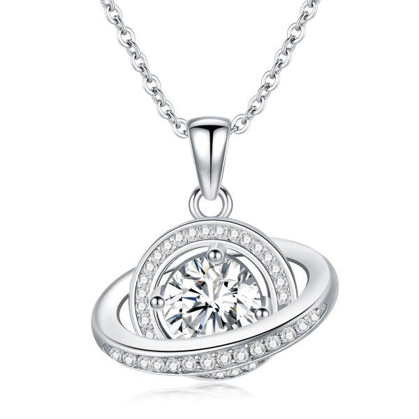 Sterling Silver Spinning Moissanite Saturn Planet Pendant Necklace-0