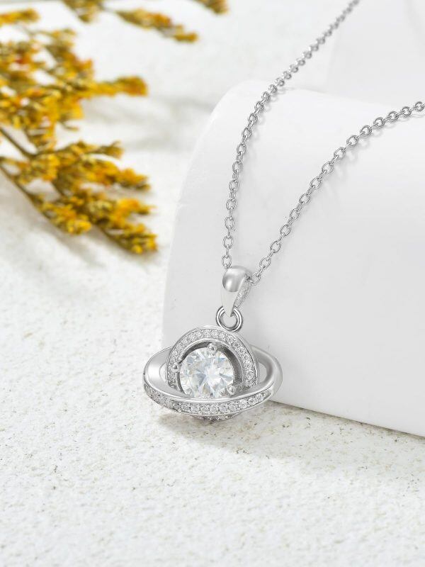 Sterling Silver Spinning Moissanite Saturn Planet Pendant Necklace-3