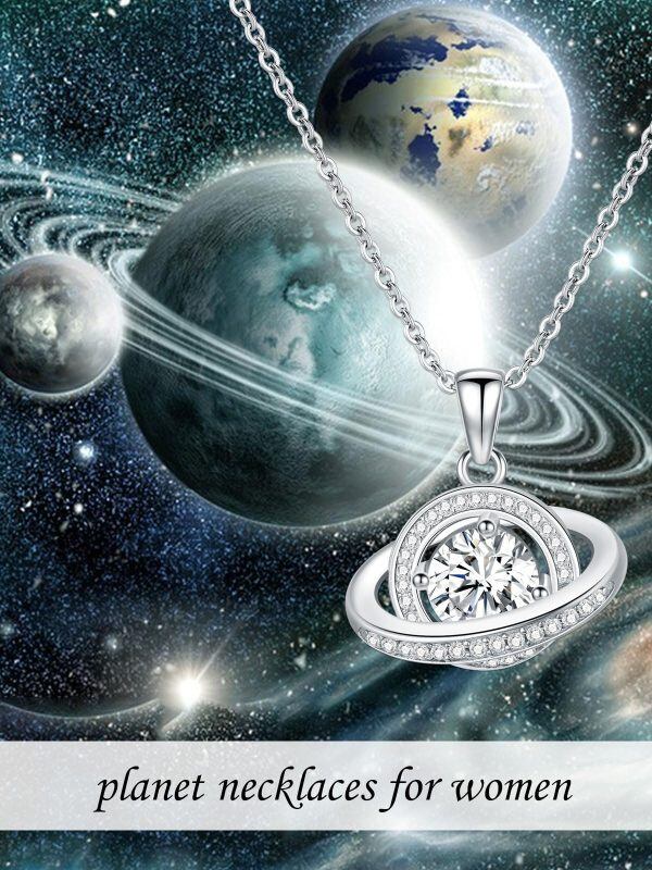 Sterling Silver Spinning Moissanite Saturn Planet Pendant Necklace-5