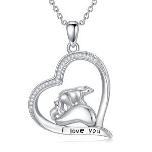 Sterling Silver Polar Bear Mom Child Heart Pendant Necklace-0