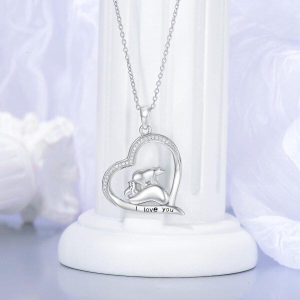 Sterling Silver Polar Bear Mom Child Heart Pendant Necklace-3