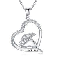wholesale 925 Sterling Silver Heart-Shaped Love You Engraved Polar Bears Pendant Necklace Gifts for Women and Girls- Rhodium Plated
