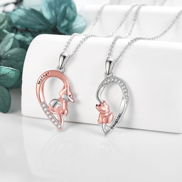 Sterling Silver 2 pcs Fox Mom and Daughter Pendant Necklace-4