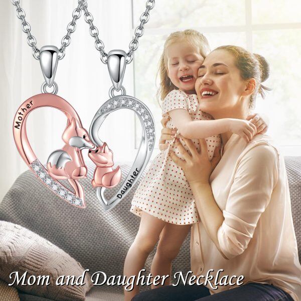 Sterling Silver 2 pcs Fox Mom and Daughter Pendant Necklace-5