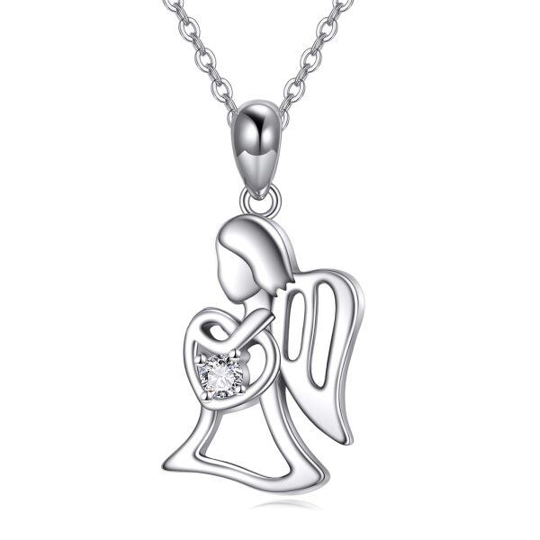 Sterling Silver Angel Pendant Necklace with Zircon Heart-0