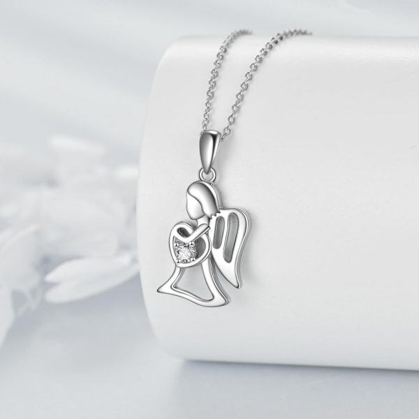 Sterling Silver Angel Pendant Necklace with Zircon Heart-3