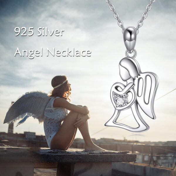 Sterling Silver Angel Pendant Necklace with Zircon Heart-5